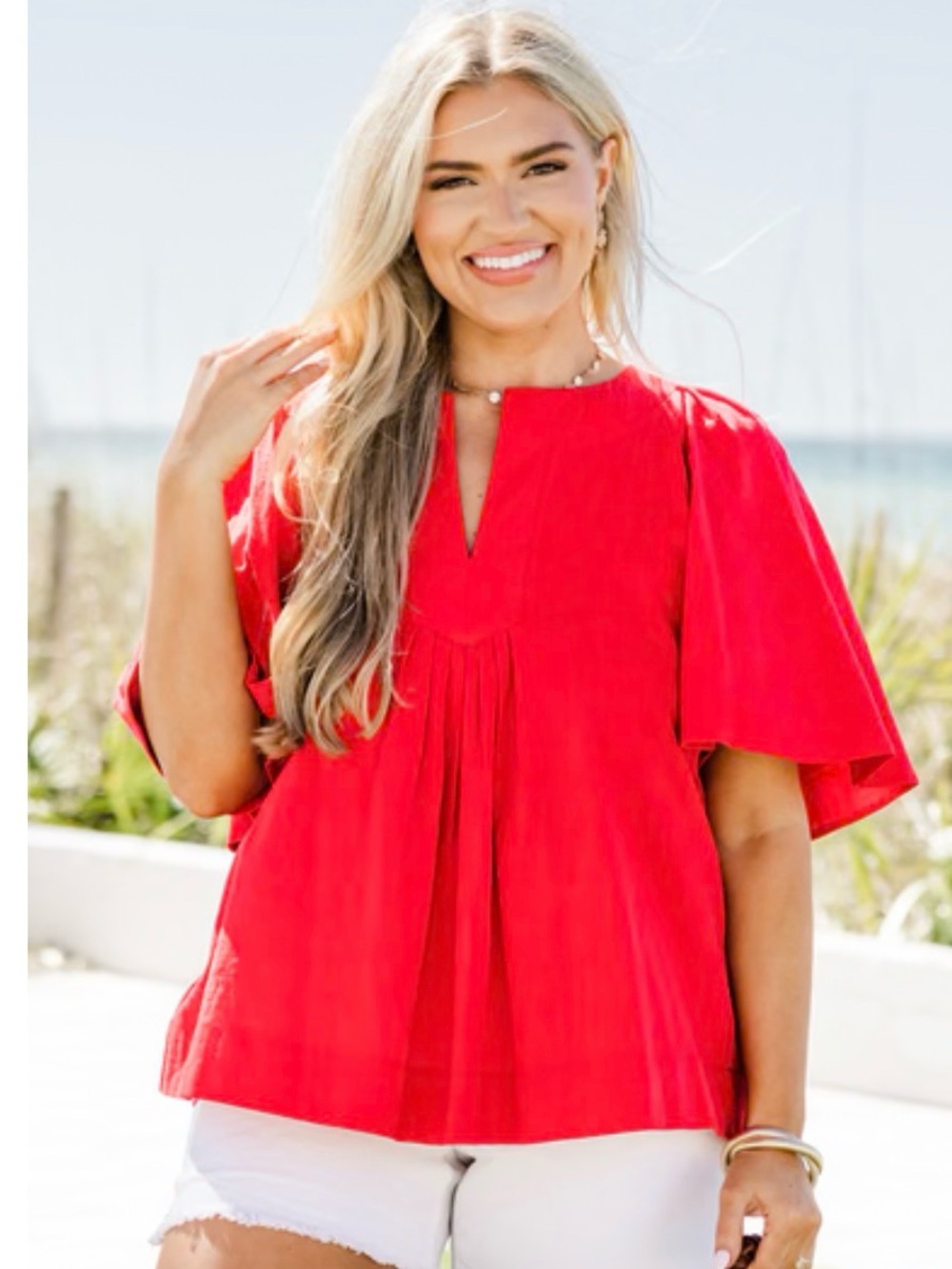 Chic Soul Red Flutter-Sleeve Tunic Top